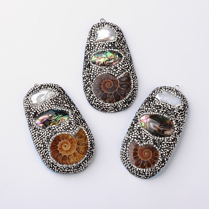 Conch Natural Fossil Pendants, with Paua/Abalone Shell, Pearl and Grade A Rhinestones, 69~80x34~45x7~9mm, Hole: 2mm