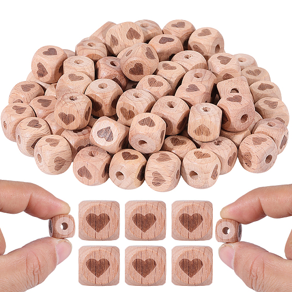 100Pcs Engraved Beech Wood Beads, Undyed, Cube