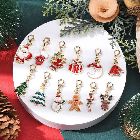 12шт 12 стили рождественская тема сплав эмаль кулон украшения, с карабин-лобстерами , разнообразные