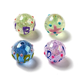 AB Color Transparent Crackle Acrylic Round Beads, Hand Drawn Beads, Halloween Boo Bead, with Enamel