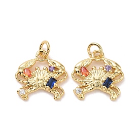 Crab Brass Micro Pave Colorful Cubic Zirconia Pendants, with Jump Rings, Cadmium Free & Lead Free