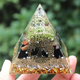 Orgonite Pyramid Resin Energy Generators, Reiki Natural Quartz Crystal and Natural Obsidian Chips Inside for Home Office Desk Decoration, Tree of Life