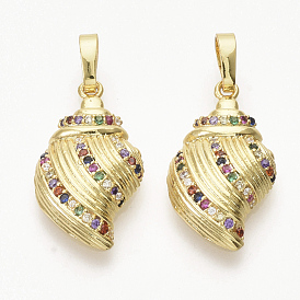 Brass Micro Pave Cubic Zirconia Pendants, Cadmium Free & Lead Free, Shell Shape, Colorful