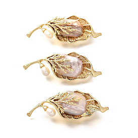 Броши из латуни в виде листьев для женщин, с натуральным жемчужным шариком