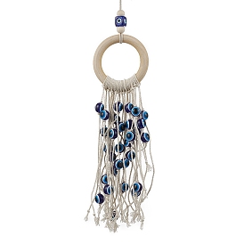 Wood Ring Pendant Decorations, Round Evil Eye Resin and Cotton Thread Tassel for Home Decorations