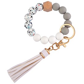 Silicone Key Ring Bracelet Personalized Wristlet Keychain Beaded Keychain with Tassel Bohemian Wrist Keychain for Women Girls
