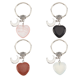 4Pcs 4 Style Heart Gemstone Keychain, with Alloy Tube Bails, 304 Stainless Steel Moon Pendants and Iron Split Key Rings