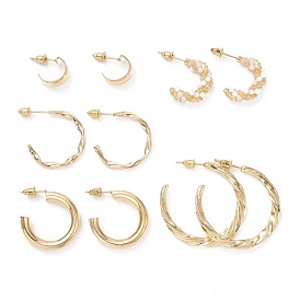 C-shape Stud Earrings, Imitation Pearl Beads Half Hoop Earrings, Alloy Open Hoop Earrings for Women