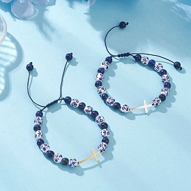 2шт. 201 браслеты из нержавеющей стали, Браслеты из бисера ручной работы из фарфора, керамики и натурального лазурита для женщин, латинский поперечный крест