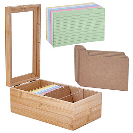 Cajas rectangulares de madera para guardar tarjetas de alimentos, Cajas divisorias transparentes ajustables con tapa abatible y ventana visible., 30 hojas de papel para notas y 5 tarjetas