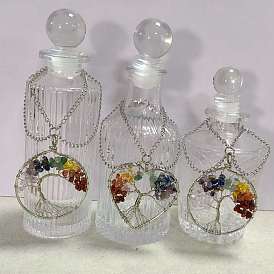 3Pcs Glass Bottles, with Alloy & 7 Chakra Tree of Life Gemstone Pendant