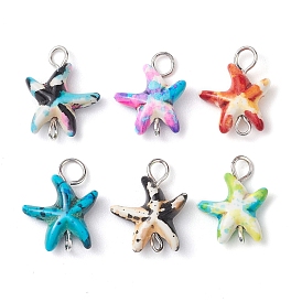 6Pcs 6 Colors Dyed Synthetic Turquoise Starfish Connector Charms, with Iron Double Loops, Platinum