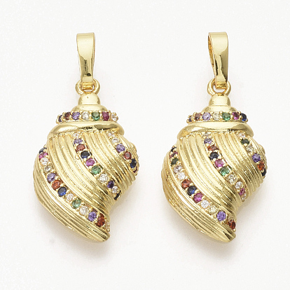 Brass Micro Pave Cubic Zirconia Pendants, Cadmium Free & Lead Free, Shell Shape, Colorful