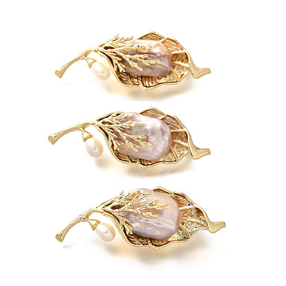 Броши из латуни в виде листьев для женщин, с натуральным жемчужным шариком