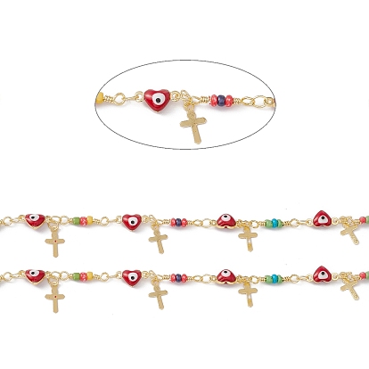 Enamel Heart with Evil Eye Link Chains, with Glass Beaded and Brass Cross Charms, Real 18K Gold Plated, Soldered, Long-Lasting Plated, with Spools