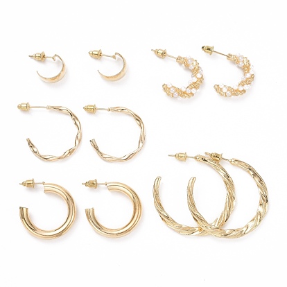 C-shape Stud Earrings, Imitation Pearl Beads Half Hoop Earrings, Alloy Open Hoop Earrings for Women