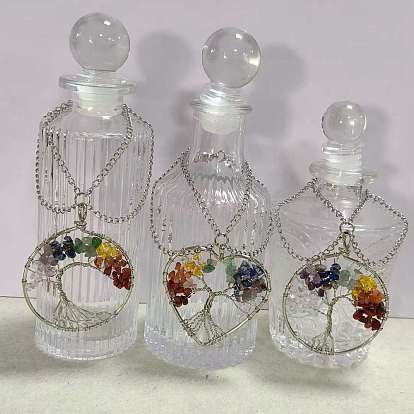 3Pcs Glass Bottles, with Alloy & 7 Chakra Tree of Life Gemstone Pendant