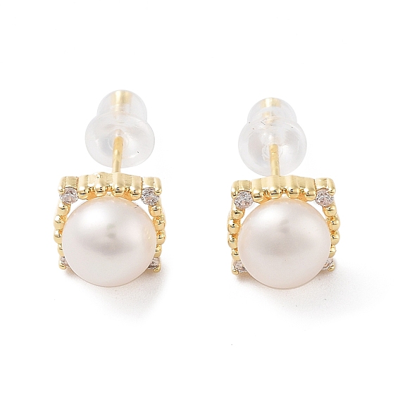 Natural Pearl Stud Earrings, Brass Earrings with 925 Sterling Silver Pins