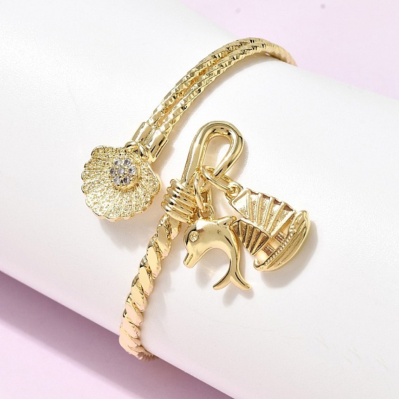 Браслеты-манжеты с прозрачным кубическим цирконием из латуни с микропаве, браслеты с подвесками для женщин, форма раковины, дельфин и парусник