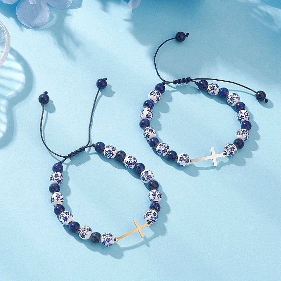 2шт. 201 браслеты из нержавеющей стали, Браслеты из бисера ручной работы из фарфора, керамики и натурального лазурита для женщин, латинский поперечный крест