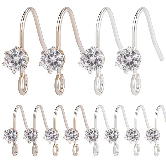 20Pcs 2 Color Brass Earring Hooks, with Clear Cubic Zirconia & Horizontal Loops