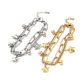 Многорядный браслет с подвеской в виде звезды и круглого шара, 304 браслет из двухслойных цепочек из нержавеющей стали для женщин