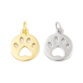 Rack Plating Brass Pendants, Cadmium Free & Lead Free, Long-Lasting Plated, Flat Round with Paw Print