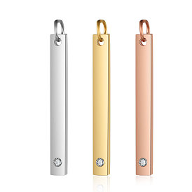 201 Stainless Steel Bar Tag Pendants, with Rhinestone, Rectangle