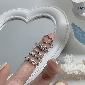 Minimalist Vintage Heart Ring Set - 5 Pieces, Hollow Out Design, Cold Tone Trendy Finger Jewelry