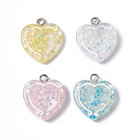 Transparent Resin Pendants, with Platinum Tone Iron Loops, Heart Charm with Glitter Powder and Paillette