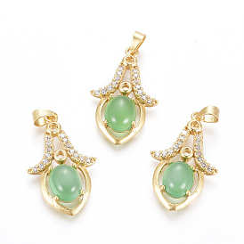 Brass Micro Pave Cubic Zirconia Pendants, Long-Lasting Plated, with Dyed & Heated Agate, Lily