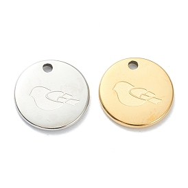 304 Stainless Steel Charms, Flat Round with Bird