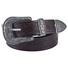 1Pc Retro PU Leather Chain Belts, with Embossed Alloy Buckles, Antique Silver