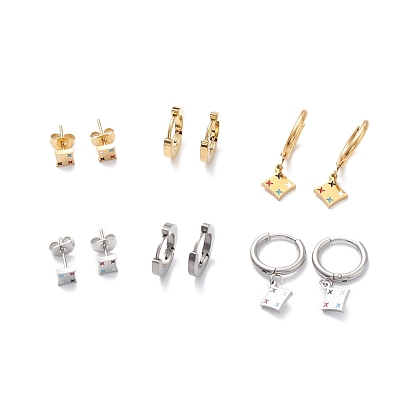 3 Pairs 3 Style Enamel Rhombus with Star Dangle Hoop Earrings, 304 Stainless Stud Earrings for Women