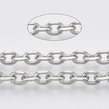 304 Stainless Steel Cable Chains, Diamond Cut Chains, Unwelded, Faceted, with Spool, Oval