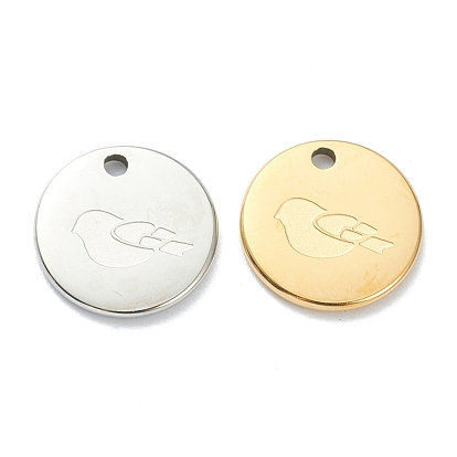 304 breloques en acier inoxydable placage ionique (IP), plat rond avec un oiseau