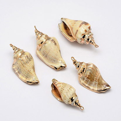 Golden Electroplated Conch Shell Pendants, 26~52x13~23x15~17mm, Hole: 2mm