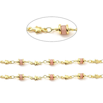 Synthetic Cherry Quartz Glass Column & Star Link Chain, with Brass Findings, Soldered, with Spool, Lead Free & Cadmium Free