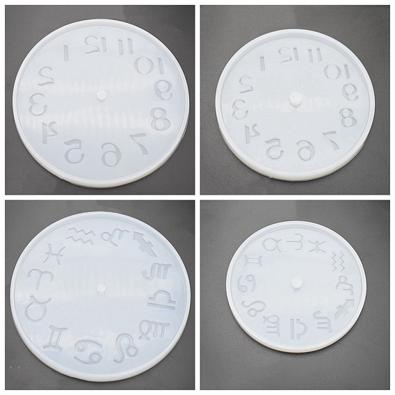Flat Round with Number/Constellation Pattern DIY Silicone Clock Display Molds, Resin Casting Molds, for UV Resin, Epoxy Resin Craft Making
