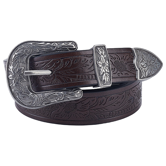 1ceintures rétro en cuir PU avec chaîne, avec des boucles en alliage gaufré, argent antique