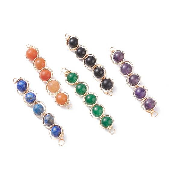Natural Mixed Gemstone Links Connectors, with Real 18K Gold Plated Copper Findings, Strip