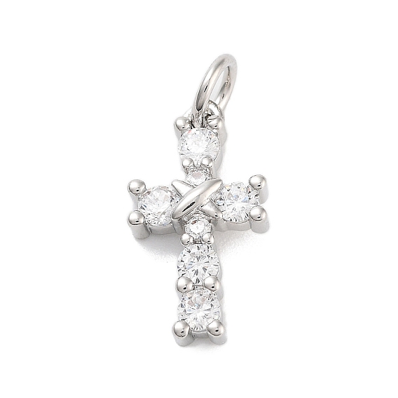 Rack Plating Brass Clear Cubic Zirconia Pendants, with Jump Ring, Long-Lasting Plated, Lead Free & Cadmium Free,  Ltter X with Cross