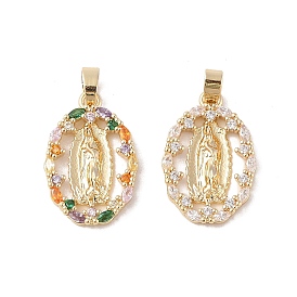 Brass Cubic Zirconia Pendants, Long-Lasting Plated, Oval with Holy Virgin Charms, Golden