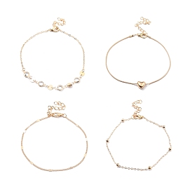 4Pcs 4 Style Alloy Chain Anklets Set with Heart, Clear Cubic Zirconia Flat Round Link Anklets for Women