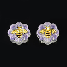 Transparent Spray Painted Glass Beads, with Glitter Powder and Golden Plated Brass Findings, Flower with Bees