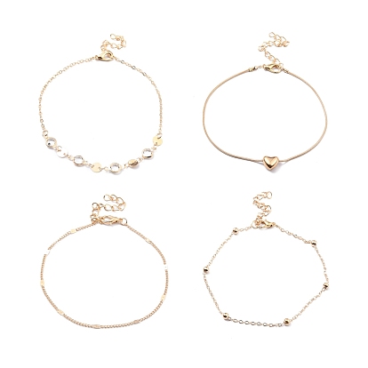 4Pcs 4 Style Alloy Chain Anklets Set with Heart, Clear Cubic Zirconia Flat Round Link Anklets for Women