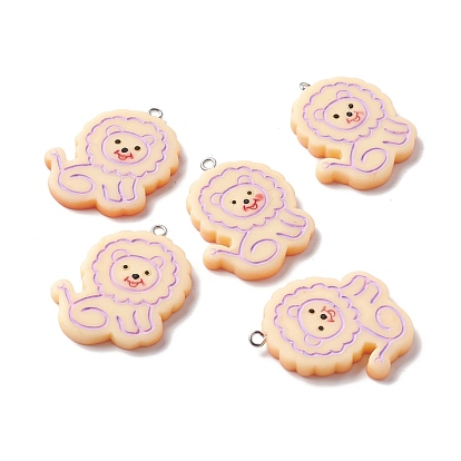 Opaque Resin Pendants, with Platinum Tone Iron Loop, Imitation Biscuits, Lion