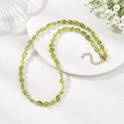 Natural Peridot Nuggets Beaded Necklaces, with Electroplate Non-magnetic Synthetic Hematite Beads and Ion Plating(IP) 304 Stainless Steel Lobster Claw Clasps, Golden