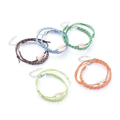 Waxed Cotton Cord Bracelets Sets, Stackable Bracelets, with Natural Cowrie Shell Beads, 304 Stainless Steel Lobster Claw Clasps, Iron Ribbon Ends and Chain Extender
