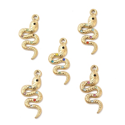 Vacuum Plating 201 Stainless Steel with Rhinestone Pendants, Snake Charms, Real 18K Gold Plated